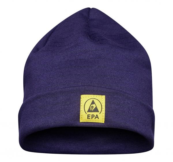 Die Abbildung zeigt eine dunkelblau gestrickte Mütze mit einem umgeschlagenen Rand. Auf der Vorderseite befindet sich ein gelbes Etikett mit dem Schriftzug "EPA".