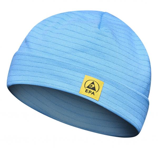 Es handelt sich um eine blaue Mütze aus weichem Material. Die Oberfläche hat feine, horizontale Streifen. An der Vorderseite befindet sich ein gelbes Etikett mit dem Schriftzug "EPA".