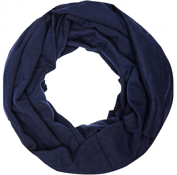 The image shows a dark blue tube scarf made of soft, wrinkled fabric. It has a round shape and looks cozy, perfect for cold days.