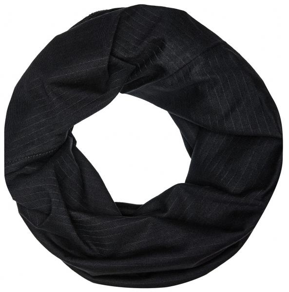 The image shows a black loop scarf. It has a smooth, lightweight texture and is formed into a closed ring. The surface features fine, vertical lines that subtly shimmer.