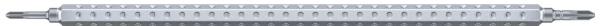 The image shows a long, narrow metal cylinder with a ridged surface. It features a thin, protruding part at each end. The surface appears cool and smooth.