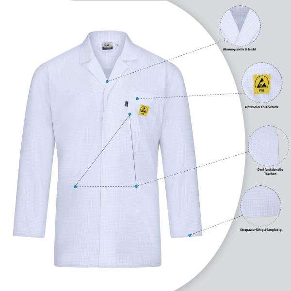 The image shows a white lab coat with long sleeves. It features a small collar, a chest pocket with a yellow ESD protection symbol, and three functional pockets.