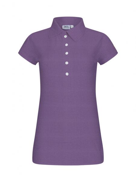 The image shows a purple polo shirt with short sleeves and a classic collar. There are several white buttons on the front. The material appears smooth.