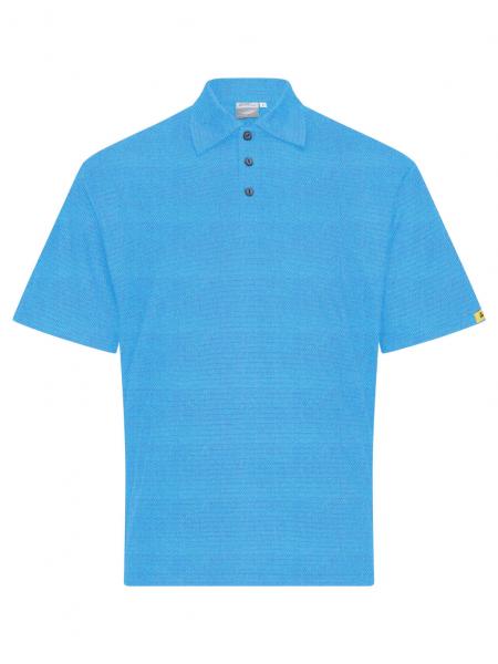 The image shows a light blue polo shirt with short sleeves. It features a classic collar, three buttons, and a textured surface. A small, yellow detail is on the sleeve.