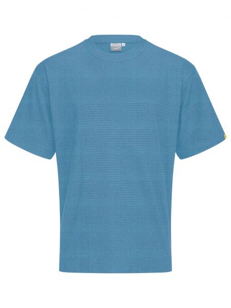 The image shows a short-sleeved T-shirt in a light blue. It has a round neckline and is plain without any patterns. The fabric texture is slightly raised.