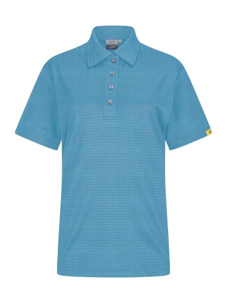 Das Bild zeigt ein kurzärmliges Poloshirt in einem hellen Blauton. Es hat einen Kragen, vier Knöpfe auf der Vorderseite und eine leicht strukturierte Oberfläche.
