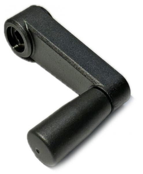 The image shows a black L-shaped handle used for turning or cranking. The handle has a smooth surface and a round opening at one end.