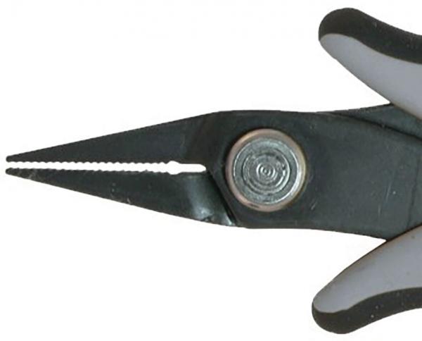 The image shows a pair of pliers with two long, narrow jaws. The handles are black with white inserts. Button in the middle for opening and closing the pliers. The jaws have a serrated edge.