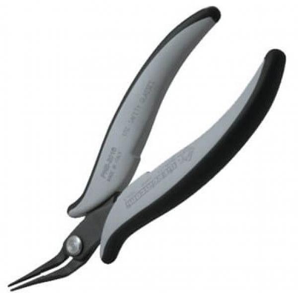 It is a pair of pliers with long, narrow jaws. The handle is ergonomically shaped, black and gray. It is well suited for precise tasks.