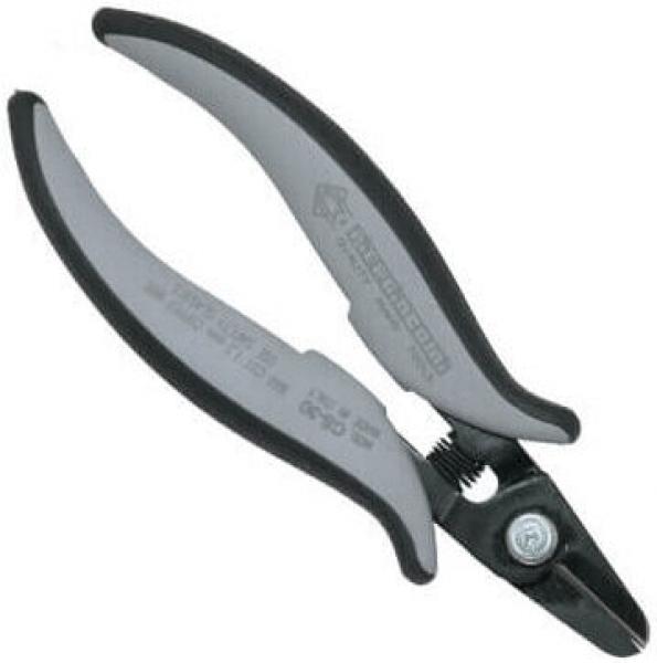 The image shows a two-part pliers with rounded, gray handles and a sharp cutting edge. The pliers are compact and have a central screw for guidance.