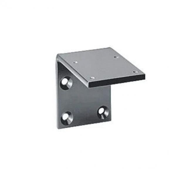 The image shows a silver metal bracket in an L-shape. The horizontal surface is on top and has four drill holes for mounting. It appears sturdy and functional.