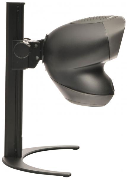 The image shows a black, futuristic-shaped speaker on a sturdy, metallic stand. The speaker has a round, curved shape and is wider at the front.