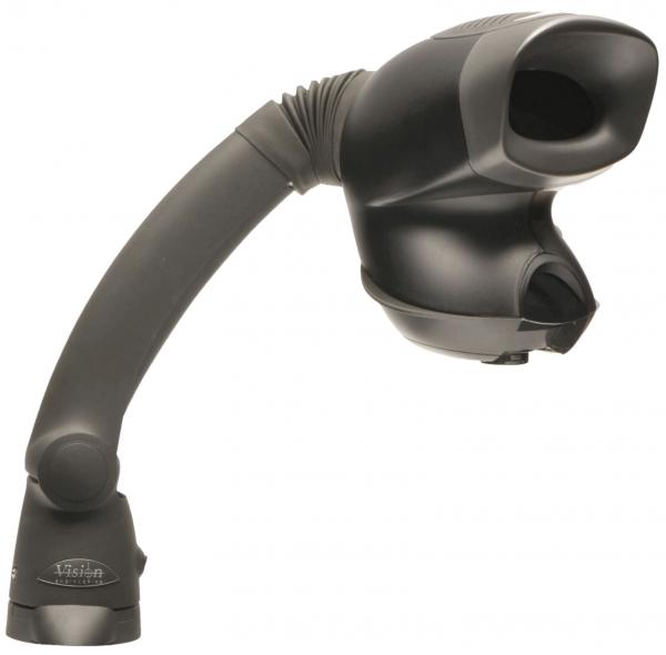 Das Bild zeigt ein schwarzes, ergonomisches Gerät mit einem flexiblen Arm. Die Vorderseite hat eine Öffnung, die schmal und rund ist, und es hat einen stabilen Fuß zur Befestigung. Ideal für verschiedene Anwendungen.
