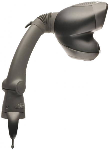 Das Bild zeigt einen grauen Scanner mit einem langen, flexiblen Arm. Der Kopf des Scanners hat eine glatte, abgerundete Form und eine Spitze, die auf Dokumente gerichtet werden kann.
