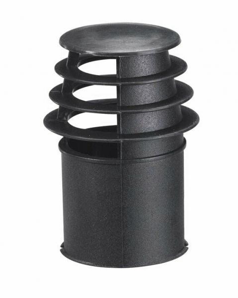The image shows a black, cylindrical object with several horizontal, layered rings on the top. It has a smooth surface and is flat on top.
