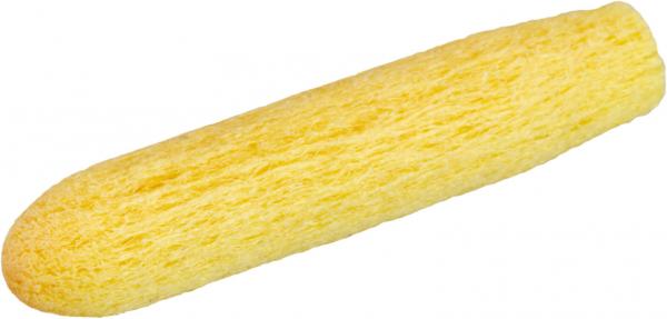 The image shows a long, narrow, cylindrical object in a bright yellow color with a soft, porous surface. It has a slightly rounded shape at both ends.