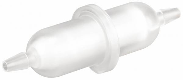 The image shows a transparent plastic filter in the shape of an elongated cylinder with two connected, narrow ends. It has a slight thickening in the middle.