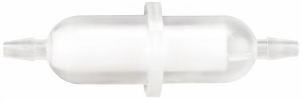 The image shows a transparent filter in cylindrical shape with two short, hose-like connectors at the ends. The filter has a medium taper and a smooth surface.
