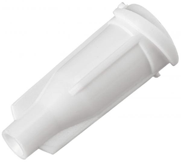 The image shows a white, cylindrical plastic adapter. It has a smooth surface and a slightly conical shape. It is wider on one side than on the other.