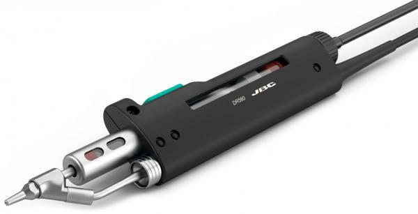 The image shows a black soldering iron with a smooth handle and a metal head. There is a transparent display that shows the temperature. Cables are attached to the sides.