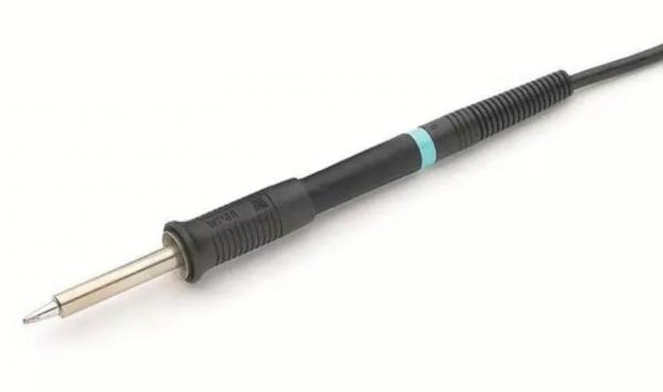 The image shows a soldering iron with a black handle and a blue ring. The tip is metallic and thin. A cable extends from the handle. The iron is used for soldering.