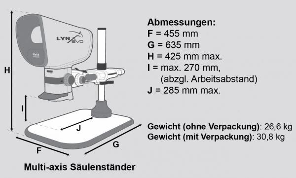 Das Bild zeigt einen technischen Entwurf eines Multi-Axis-Säulenständers. Es sind Maße und Gewichte angegeben, ohne Farben oder spezifische Details. Klare Linien und Symbolik sind verwendet.