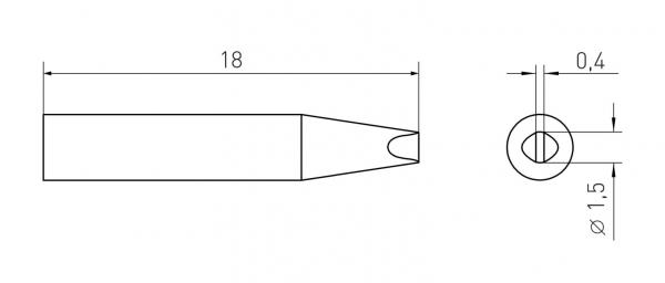 The image displays a technical drawing of an object. It has an elongated, pointed shape with a diameter of 18 mm at its thickest point and a round end with a diameter of 1.5 mm.