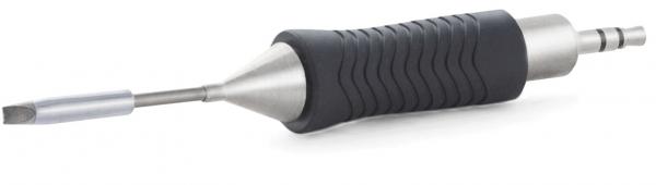 The image shows a gray tool handle with a ridged rubber surface. At one end, there is a flat screwdriver. The handle is oval and ends in a point.