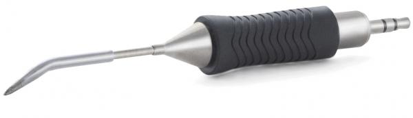 The image displays a medical tool with a long, angled metal head and a grippy, black rubber handle. It appears precise and functional.