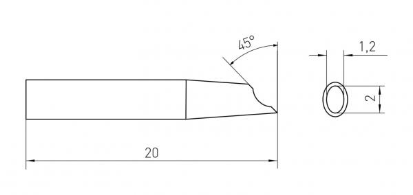 The image displays a technical drawing of a tool. It has an elongated shape with a 45° angled cut on one side. Dimensions: Length 20 mm, Diameter 2 mm.
