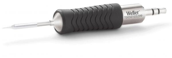 The image shows a soldering iron with an ergonomically shaped handle made of black rubber. The front tip is metallic and fine, ideal for soldering.