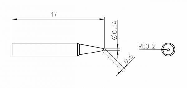 The image displays a technical drawing of an object with a length of 17 mm. At the front, it tapers to a point with a diameter of 0.34 mm and a specified radius.