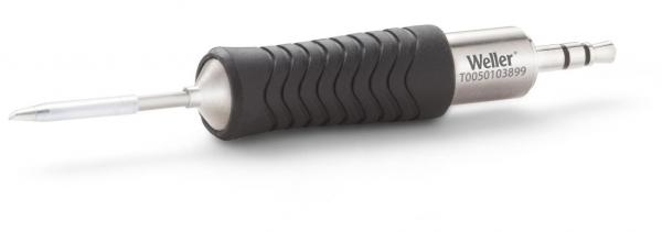 The image shows a soldering iron with a metallic, smooth end and a rubberized, non-slip grip. The grip has a wavy structure for better hold.
