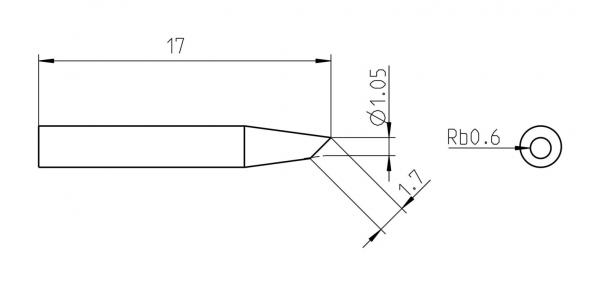 The image shows a technical drawing of an object with dimensions. It has a straight section that transitions into a more pointed shape, and includes various diameters and radius details.