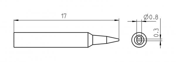 Das Bild zeigt eine technische Zeichnung eines spitzen Metallobjekts. Es hat eine Länge von 17 mm und verjüngt sich zur Spitze. Die Querschnittsdimensionen sind Ø0,8 mm und Ø0,3 mm.