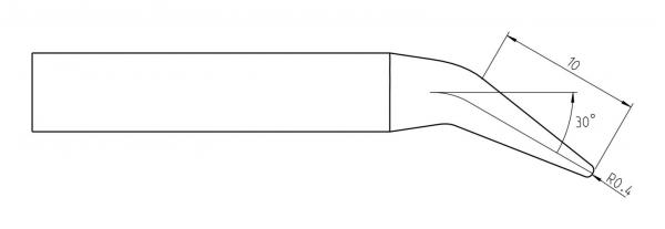 The image shows a technical drawing of a tool. It has a straight handle and a tapered, pointed edge. Dimensions and angles are marked.