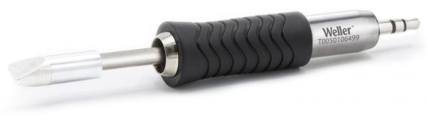 The image displays a soldering iron with a non-slip, gray-black handle. The tip is metallic and slightly beveled. The iron has the "Weller" logo engraved on it.