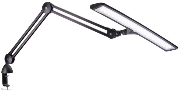 The image shows a black, adjustable desk lamp with a long, rectangular light source. The arm of the lamp is movable and jointed in the middle. It is attached with a clamp.