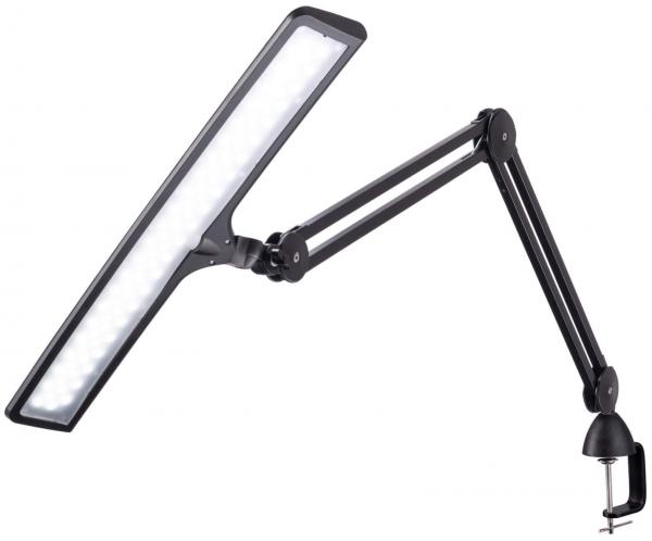 The image shows a black LED work light with a long, rectangular lampshade. It has a flexible arm and a clamp for attaching to tables.