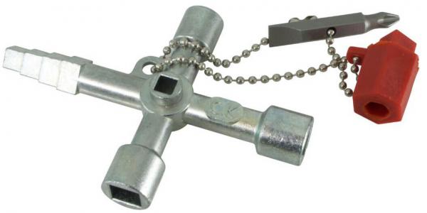 The image shows a silver cross tool with four hexagonal openings and a small screwdriver. A red plastic handle is attached to a chain. It appears functional and sturdy.