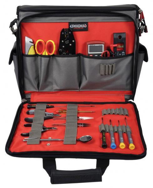 The image displays an open tool bag with red lining. Inside the bag, various tools such as pliers, screwdrivers, scissors, and a multimeter are neatly arranged.