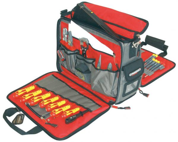 The image shows a large, open tool bag with gray exterior and red lining. Various tools, including screwdrivers and pliers, are neatly arranged and ready to use.