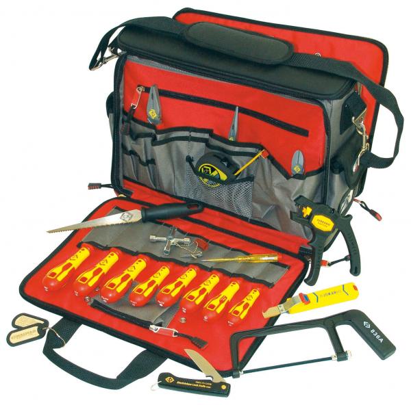 The image displays a tool bag with red lining. Inside, there are several yellow screwdrivers, a saw, pliers, and various accessories. The bag is open and neatly organized.