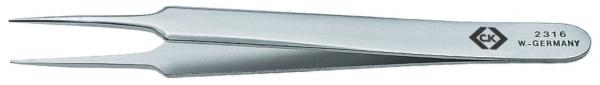 The image shows a shiny, metallic tweezer with two pointed ends. It has a slender shape and features an embossment with the inscription "CK" and "W-GERY".