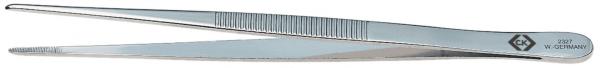 The image shows a shiny, silver tweezer with two long, narrow gripping arms that meet in the middle. The surface is smooth, with a ridged area for better grip.