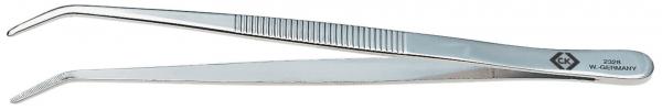 The image shows a silver tweezer. It has a straight shape with two long gripping arms that are slightly curved at the ends. The surface is smooth and reflective.