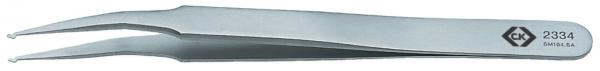 The image shows a straight, metallic tweezer. It has two pointed ends that slightly bend, and a flat handle. On the side, a number and a logo are embossed.