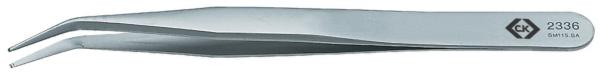 The image shows a metallic tweezer. It has two long, narrow tips that taper to grasp small objects. The tweezer has a smooth, shiny surface.