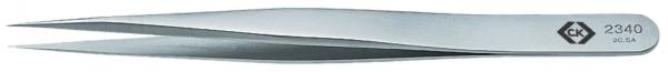The image shows a silver tweezer with two narrow, pointed pincers. The surface is shiny, and a number and a logo are engraved on it. It is used for grasping fine objects.