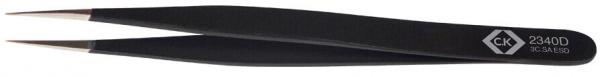 The image shows a narrow, black tweezer. It has sharp, metallic tips suitable for picking up small objects. A small embossing is visible on the handle.
